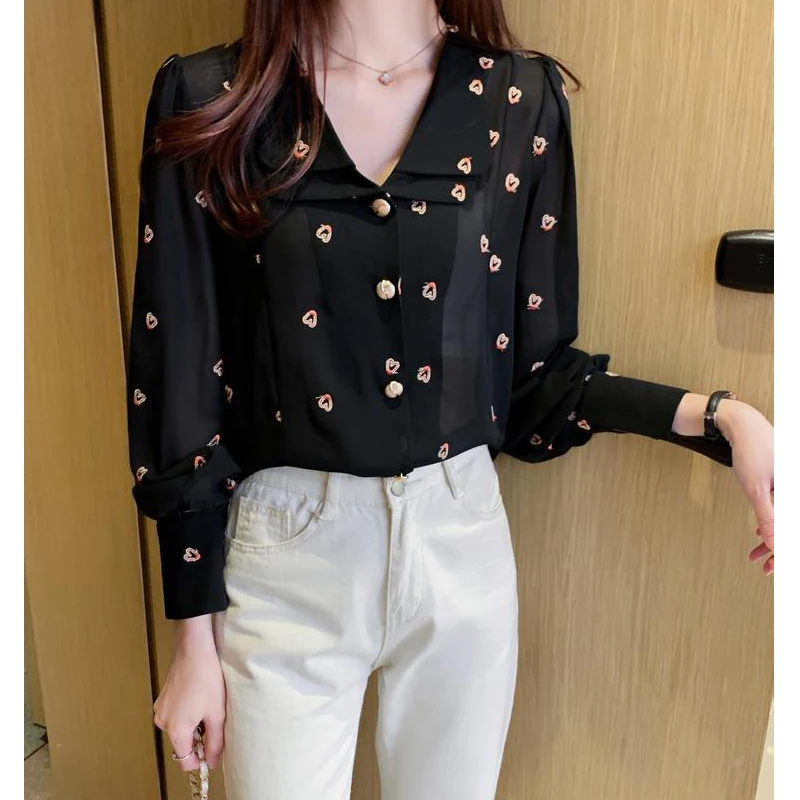 Women Korean Fashion Double-Layer Collar Embroidery Shirts Vintage Elegant Chic Commute Blouses Casual Long Sleeve Loose Tops