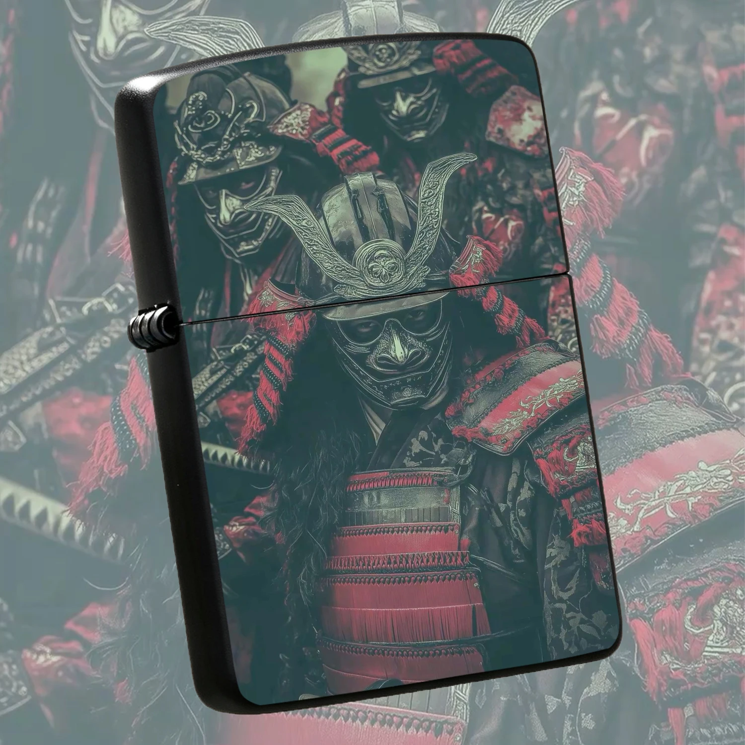 Vintage Red BLACK Samurai Themed Windproof Lighter, Exquisitely Etched Japanese CLAN Crest Menpo Mask Pattern Sturdy Body, Trendy Collectible Desktop Ornament, Unique Practical Gift for Boyfriend Samurai Culture Enthusiasts A Fun and Humo