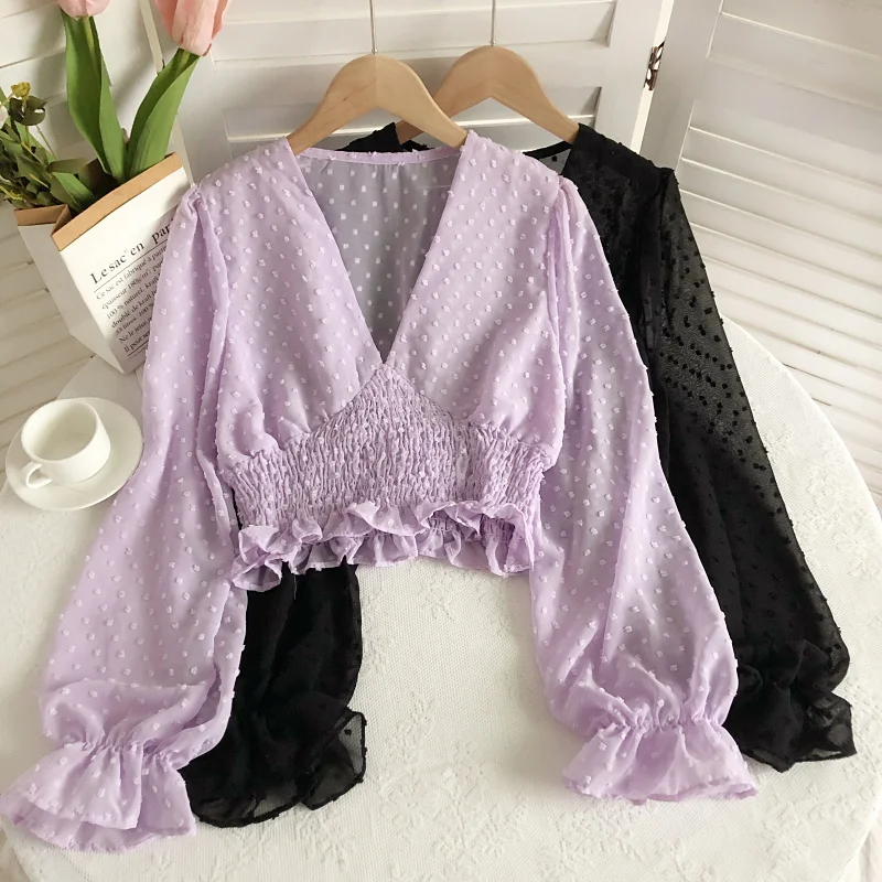 

Spring Korean Sle Sweet Personali V-ne See-tough Button ort Bubble Sve irt Women's Slim Fit Top