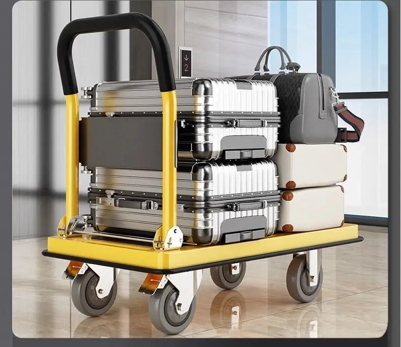 Silent Household Flatbed Cart Portable Trailer Folding Tool Shopping Trolley with Steel Plate Platform Hand-Pulled Cargo Cart