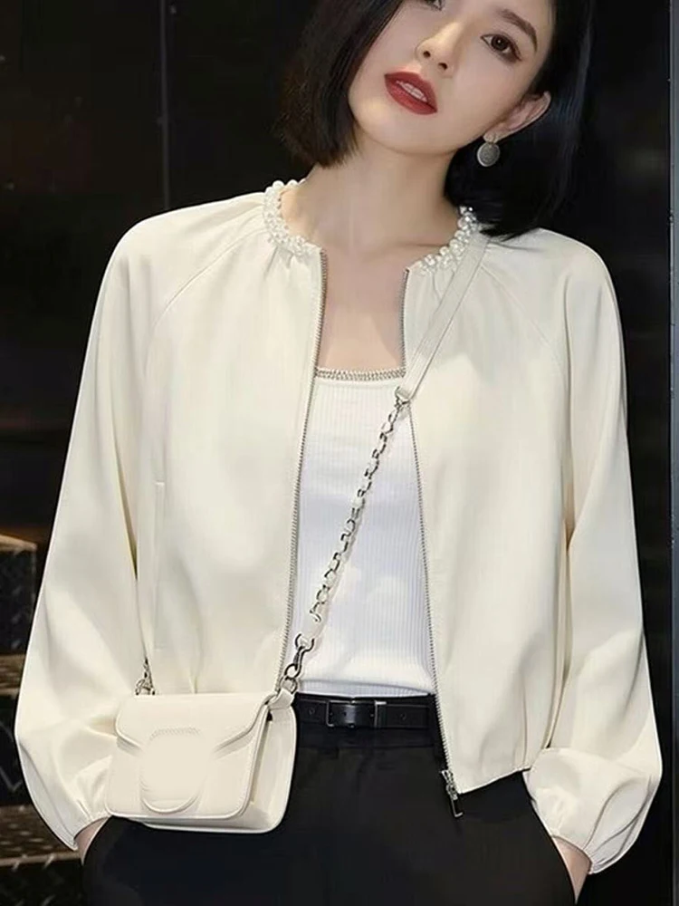 Elegant Pearls Sweet Jacket Women Fashion O Neck Slim Long Sleeve Short Coat Fall Chic Female Zipper Ins All Match Outwear Tops