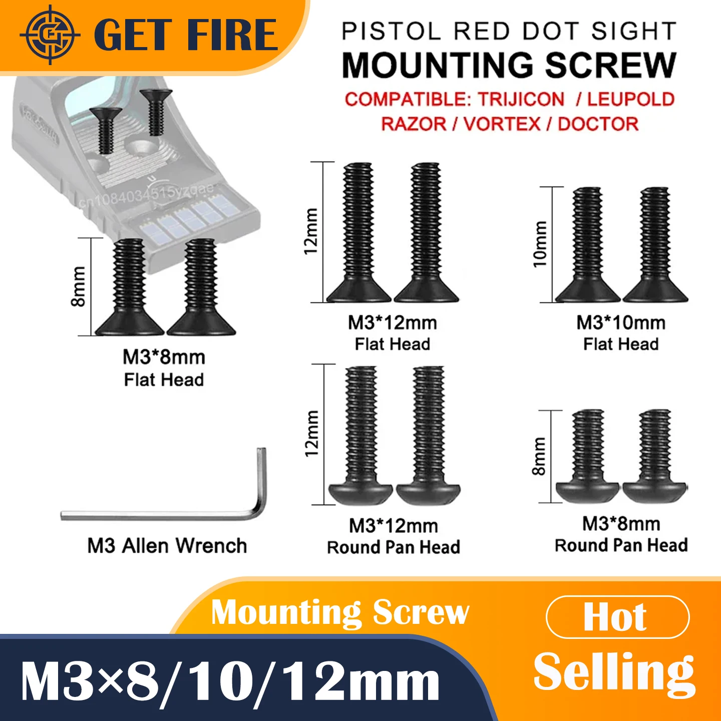 Kit de tornillos de montaje M3 con mira de punto rojo para pistola táctica M3 × 8/10/12mm Compatible con R/Leupold/Razor/Vortex Venon/Viper/Doctor
