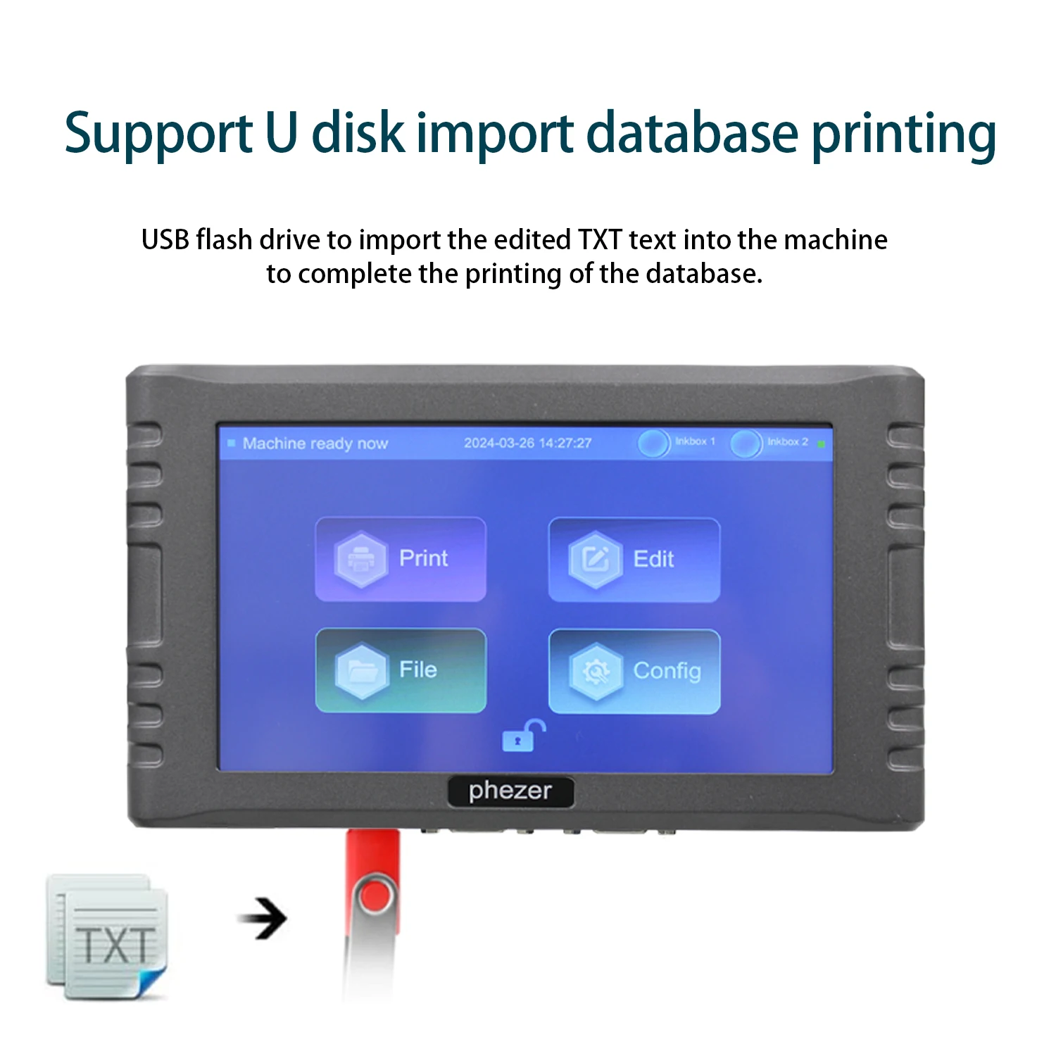 Phezer P260E 12.7/25.4mm Coding and Marking QR Code Barcode Serial Number Expiration Date Label Printer Online Inkjet Printer