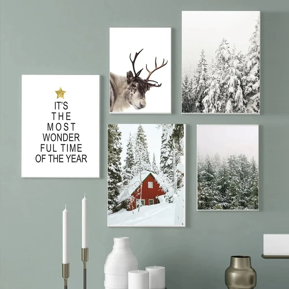 Pósteres e impresiones de Navidad, bosque de alce nevado, paisaje de invierno, imágenes artísticas de pared, pintura en lienzo impresa, decoración del hogar para sala de estar