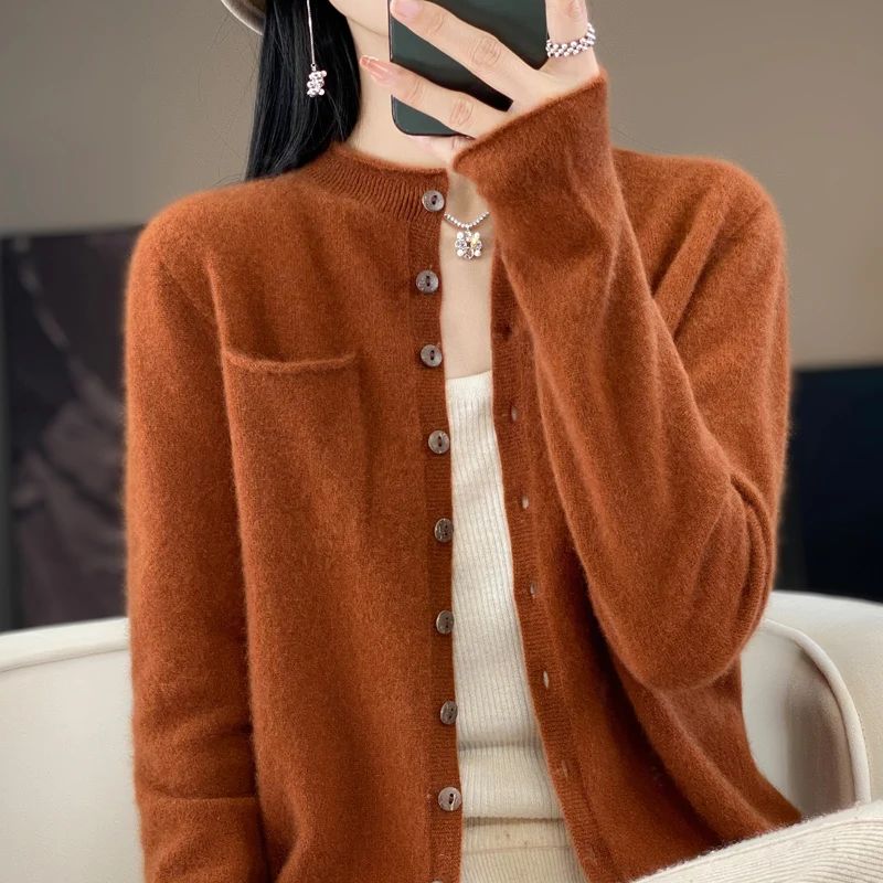 Winter Pure Wool Cardigan Women Clothing O-neck Sweater Pockets Female Long Sleeve Tops Knit Korean Fashion Curling Edge Sweater