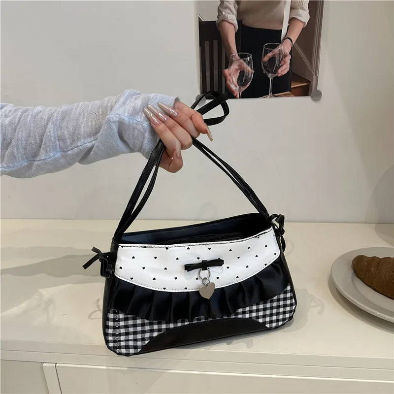 Bag Sweet Style New Cute For Girl's Outing Polka Dot Single-shoulder Crossbody Bag Lace-patterned Bow Patchwork Underarm Bag