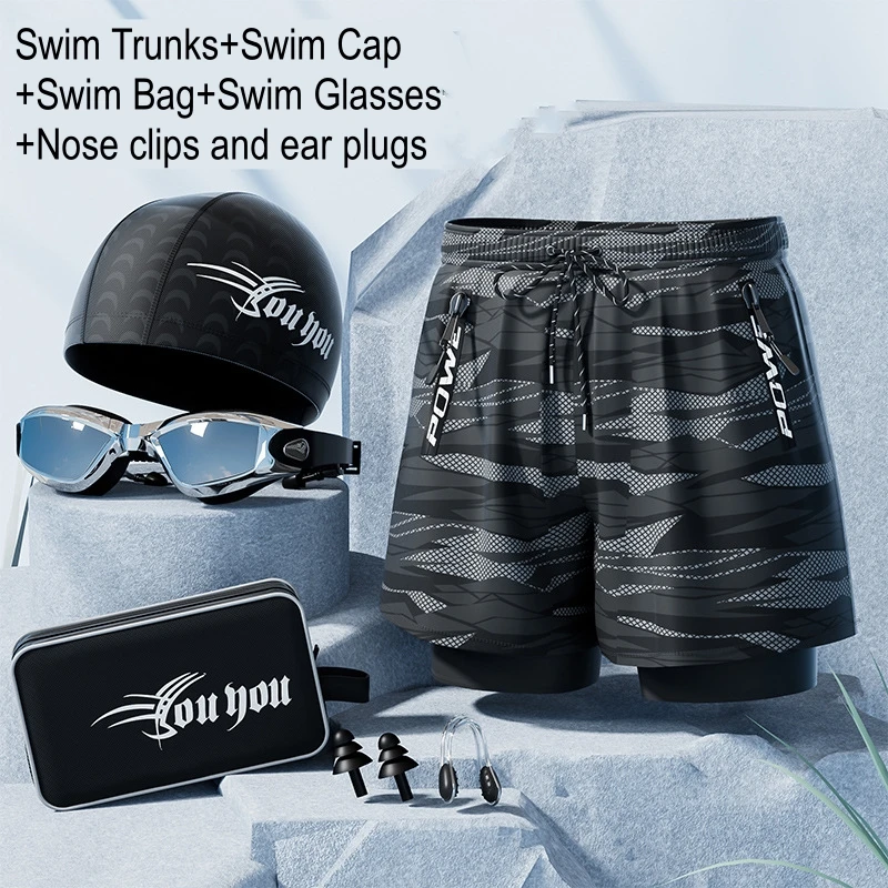 Men Professional Waterproof Competition Swim Trunks Goggles With Ear-plug Cap Case Swim Cp