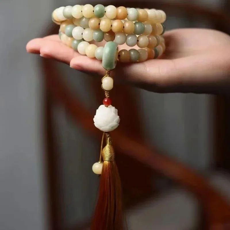 Natural White Jade Bodhi Root Rosary Bracelet Gradient Weathered Chicken Yellow Handheld Tassel Bodhi Buddha Bead