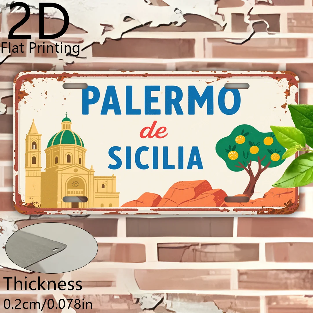 Letrero plano 2D de la ciudad de Palermo, Sicilia, Italia, estilo vintage, póster de viaje retro, placa de metal de aluminio resistente, 6x12 pulgadas (15x3)