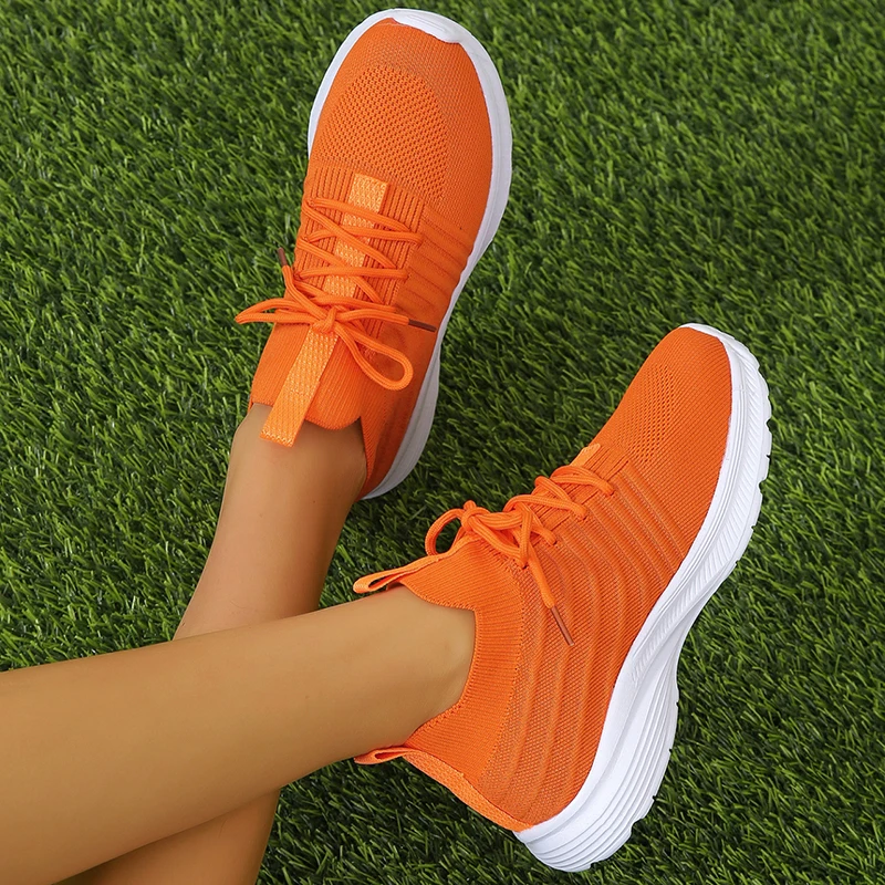 2023 Orange Knitted Breathable Sneakers for Women Plus Size 43 Non Slip Mesh Flats Woman Comfortable Soft Platform Loafers Shoes