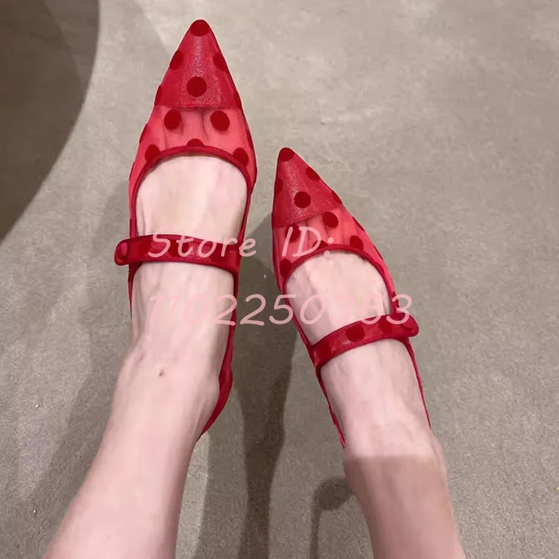 

Elegant Polka Dots MARY JANES Stiletto Pumps Mesh Strap Pointed Toe Sandals Buckle Strap Thin High Heels 2024 Women Dress Shoes