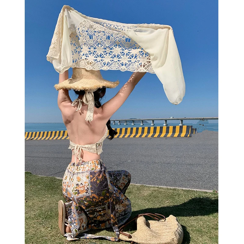 Conjunto de calças largas para praia, proteção solar, ajuste solto, calças compridas, cintura elástica, fibra de poliéster, calças casuais