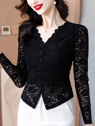Stretch Black Lace Long Sleeve T Shirt Women's Autumn M-3XL T Shirt Ladies V Neck Front Split Tops Slim Tees Clothing