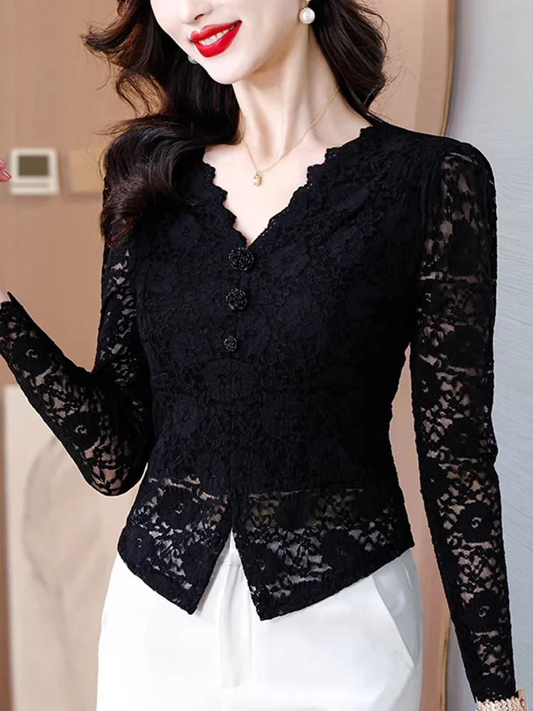 Stretch Black Lace Long Sleeve T Shirt Women's Autumn M-3XL T Shirt Ladies V Neck Front Split Tops Slim Tees Odzież