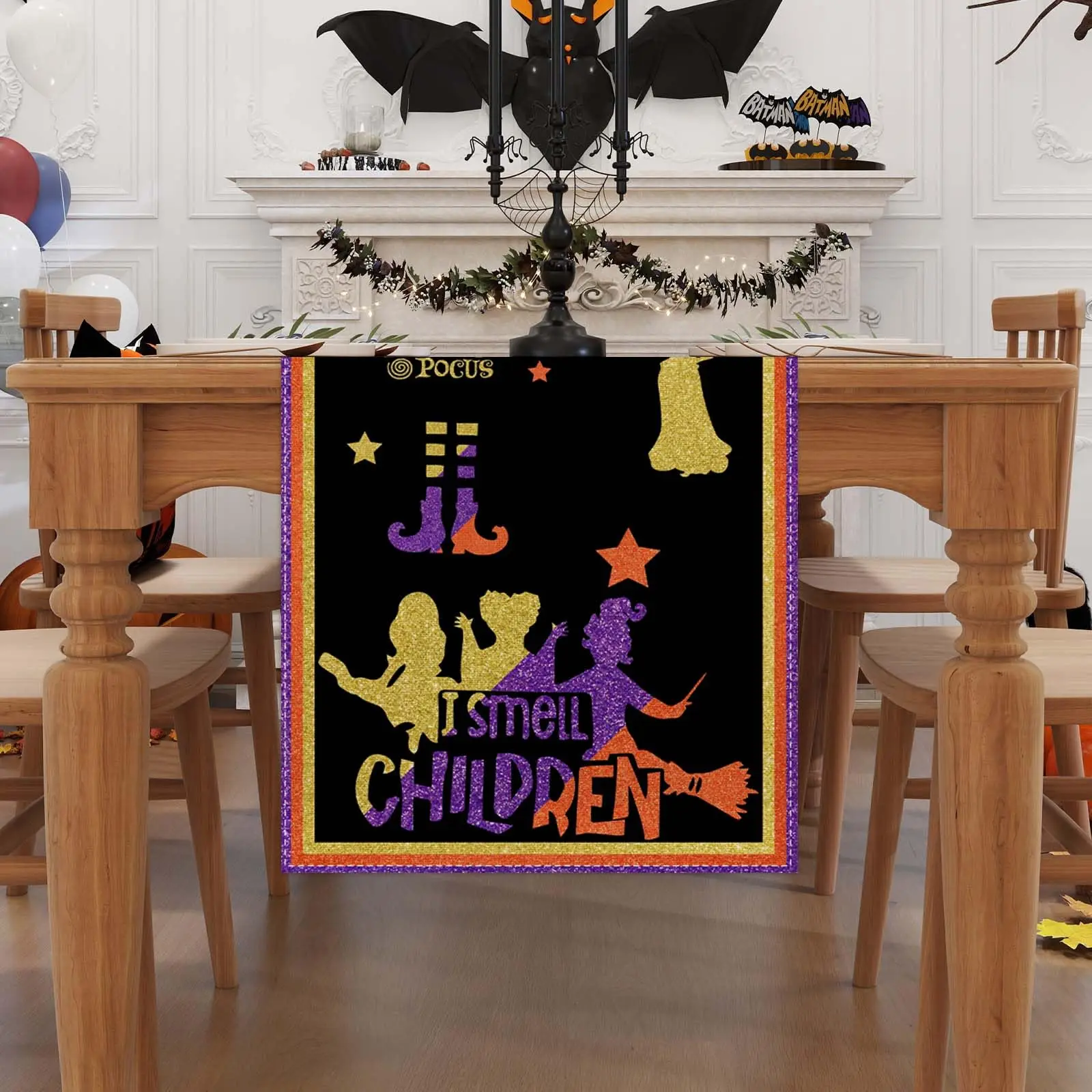 Linen Hocus Pocus Halloween Table Runner Sanderson Sisters Halloween Decor Supplies for Home Kitchen Dining Room Table