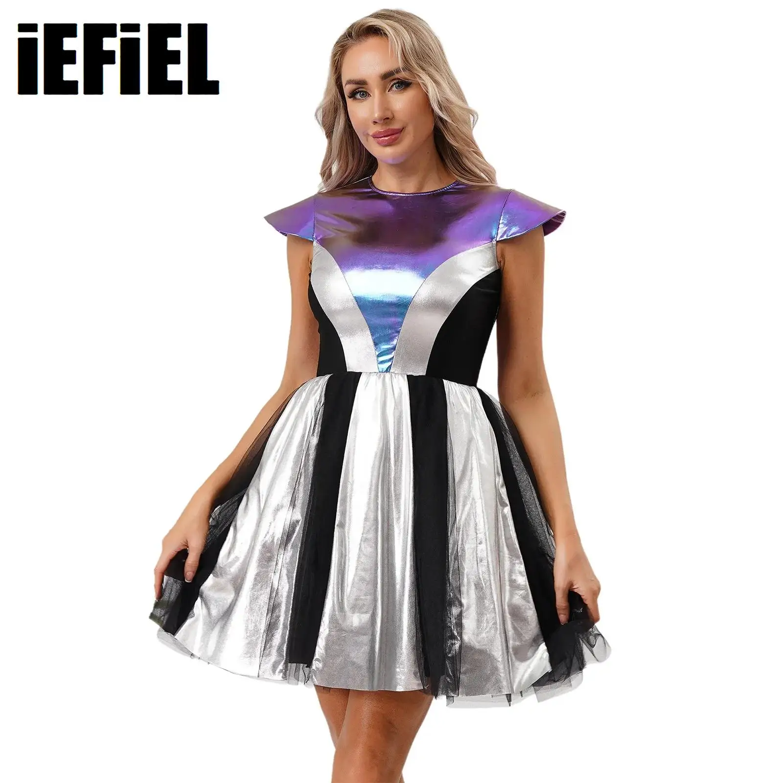 

Women Astronaut Costume Outerspace Cosplay Alien Tutu Dress Metallic Cap Sleeve Puffy Tulle Dres Halloween Fancy Party Dress Up