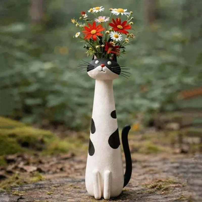 Cat Shaped Resin Vase Cute Long Necked Cat for Flower Arrangement or Ornament Home Desktop Floral Decoration Great Gift