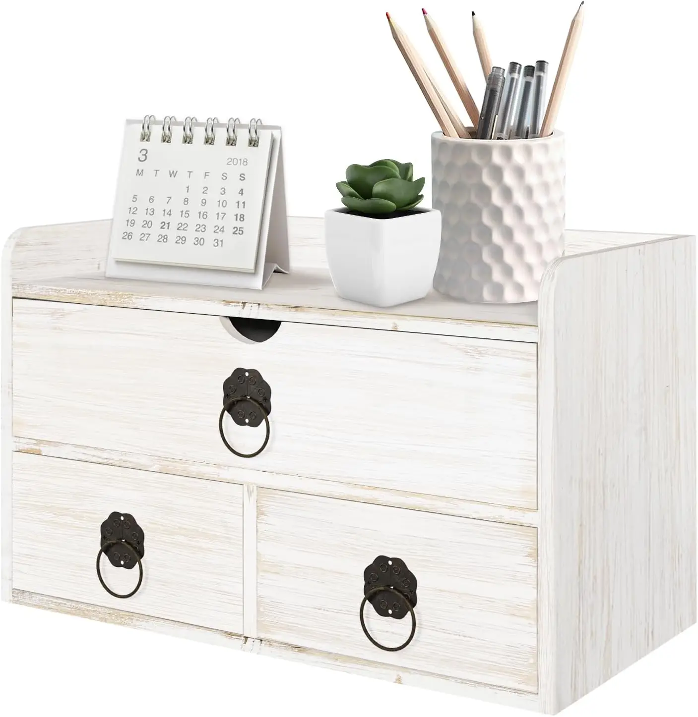 

White Wooden Desk Organizer with Drawer and Shelf, Tabletop Storage Box for Home Office Supplies