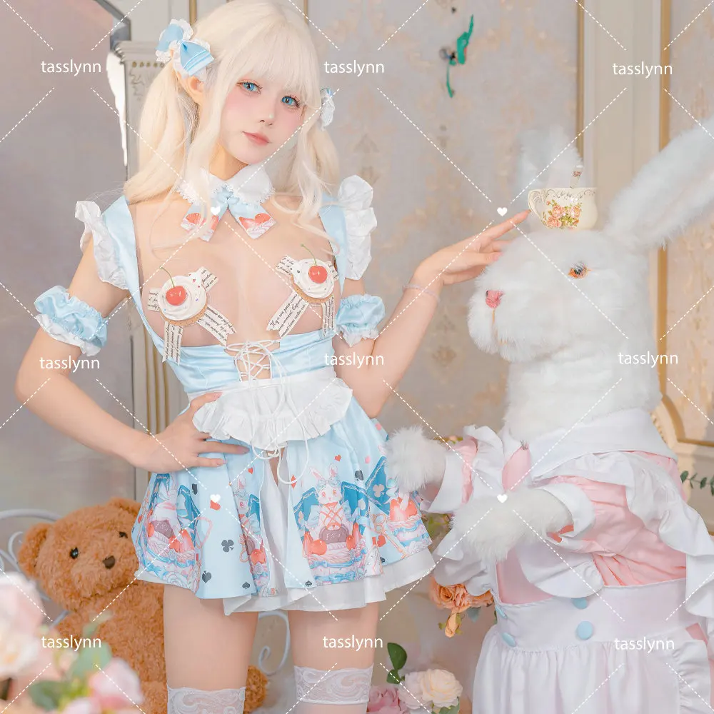Disfraz de sirvienta Alice Lolita, dulce vestido de Alicia en el país de las Maravillas, disfraz de Halloween para mujer, disfraz de sirvienta Kawaii, pastel de helado, NudeBra
