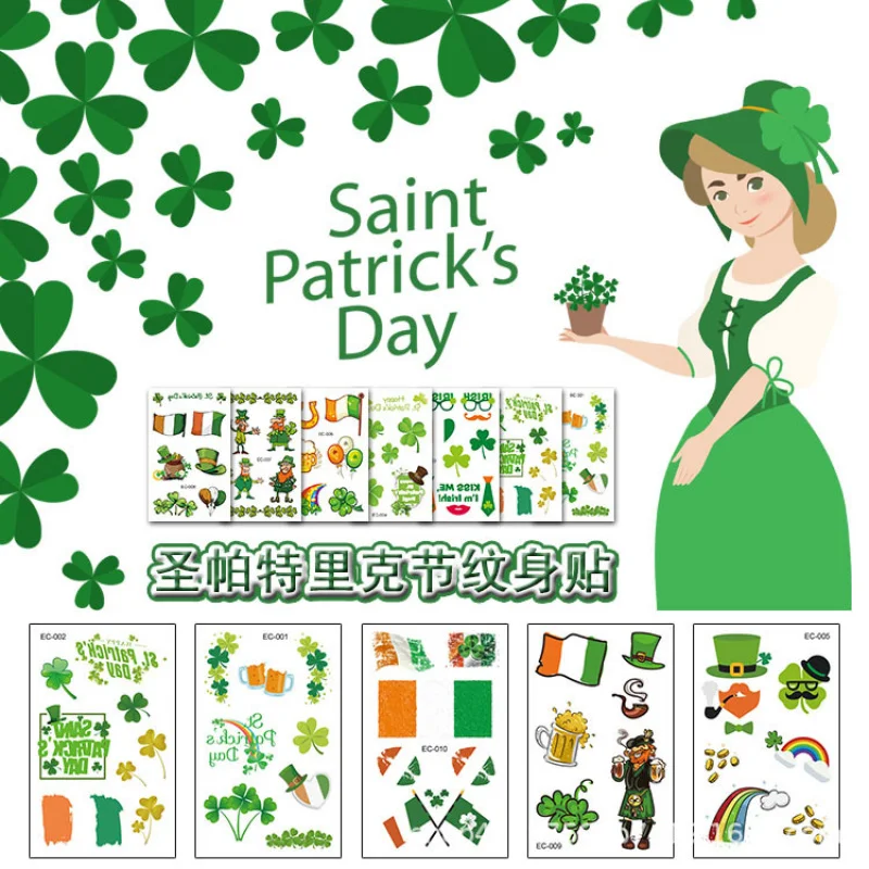 

2pcs Waterproof Irish Festival Tattoo Sticker St. Patrick's Day Shamrock Cartoon Tattoo Sticker
