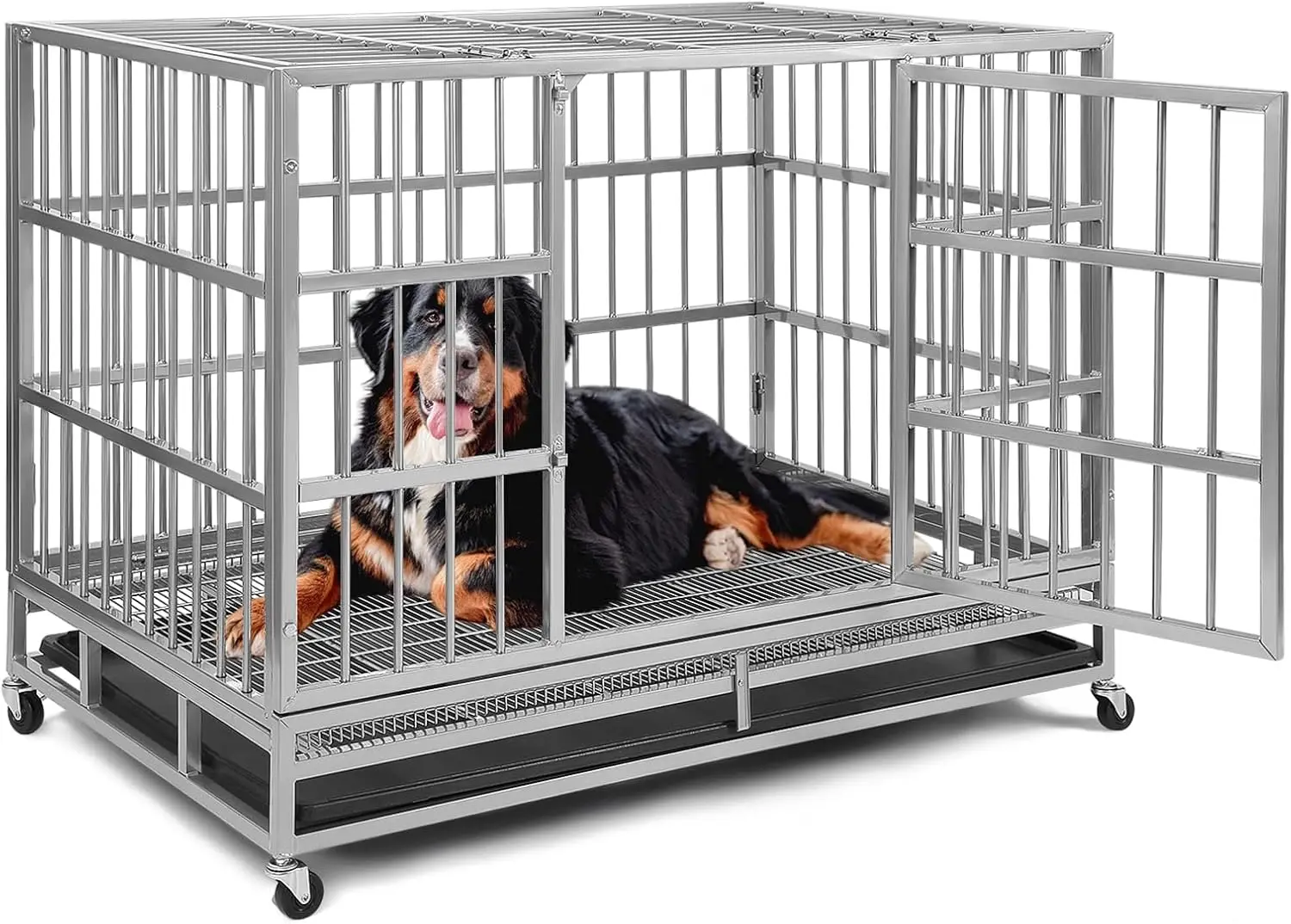 

48 Inch Heavy Duty Indestructible Dog Crate, High Anti Anxiety Kennel with Lockable Wheels & Sturdy Locks, Extra Large Dog Cages
