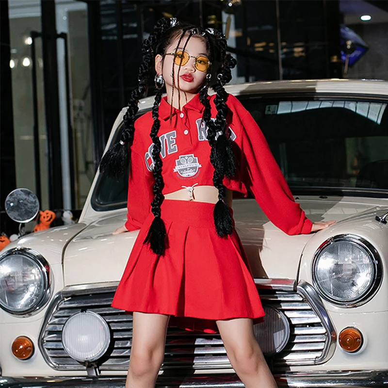

Red Cheerleading Costume For Girls Kpop Jazz Dance Outfit Concert Performance Stage Wear Child Hip Hop Dancing Clothes DL10108