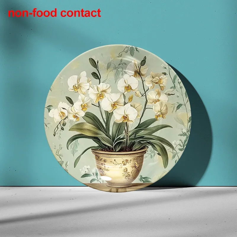 1pc Vintage Orchid Ceramic Wall Art Plate - 8.0inch Round Decorative Tray with Elegant Floral Design, Non-Food Contact Jewelry