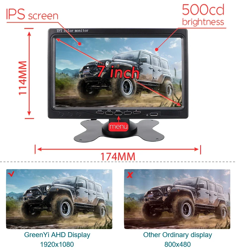 GreenYi AHD 7 inch IPS 1024x600 Display Digital Color Screen Car Parking Monitor 2 Channel Easy Install Vehicle Truck Trailer