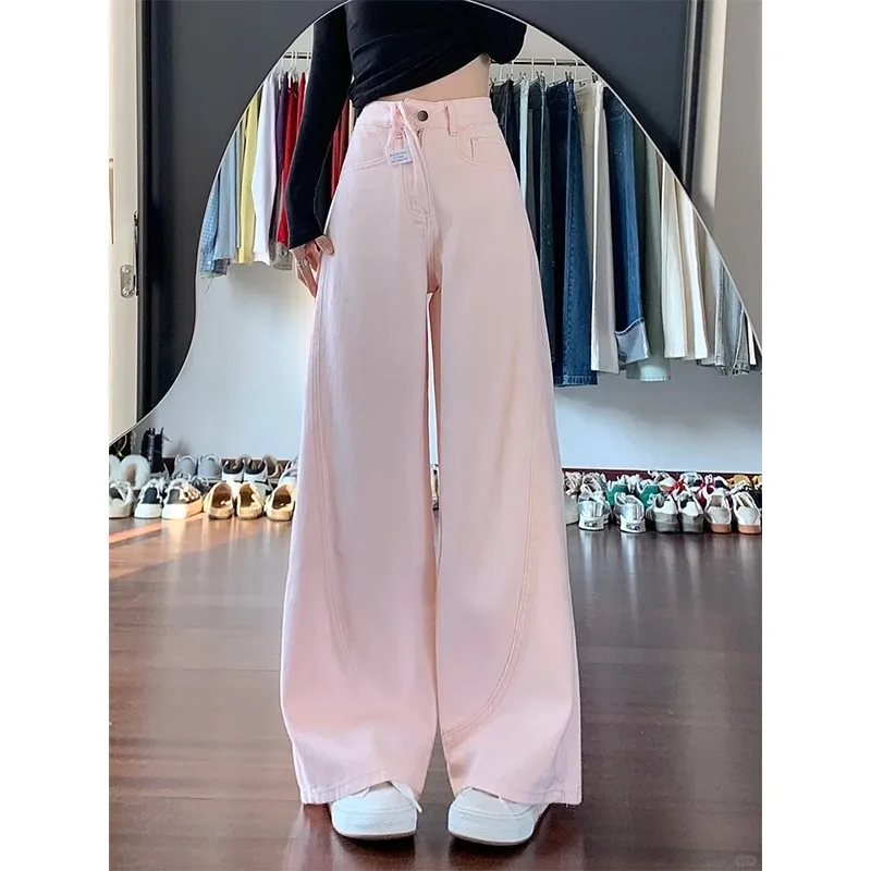 Słodkie Różowe Jeansy z Szerokimi Nogawkami Damskie z Wysokim Stanem Wyszczuplające Proste Spodnie Casualowe Zapinane na Zamek Długie Spodnie Wiosenne