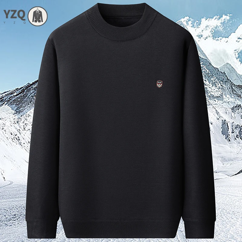 Regular Fit Male Fleece Jumper Plain Knitted Fabric Chest Shield Logo Mock Neck Home Travel Warm Long Sleeve Sweater
