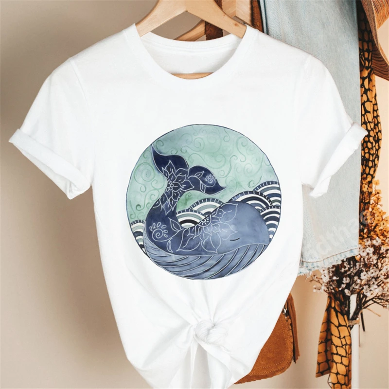 Blue Whale Print Women Graphic T-Shirts Cartoon Cat Kawaii Clothes Short Sleeve Y2k Top Tee Summer Harajuku Oversized T Shirt