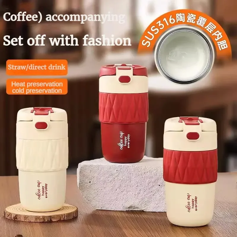 0.42L Ceramic Liner Thermos Cup for Girls High-value Cofee Mug with Straw Portable Double-drink Accompanying Water Cup Gifts