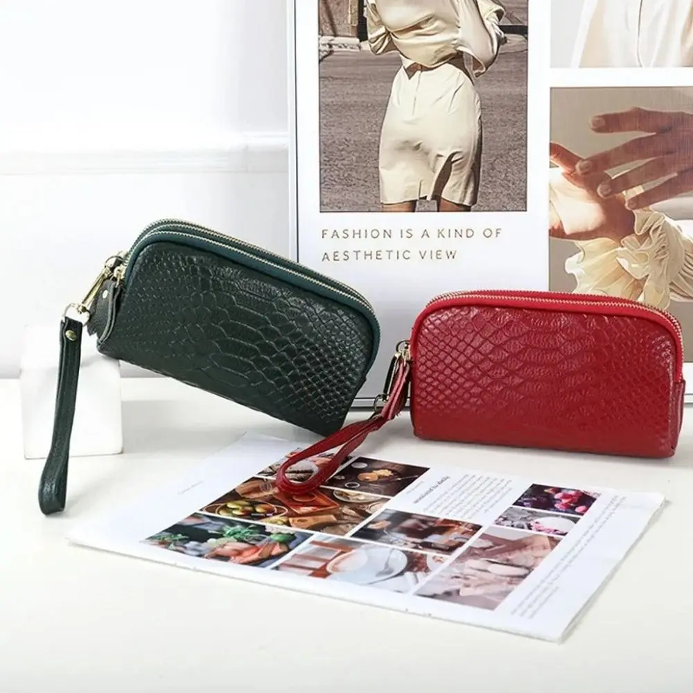 Solid Color Lady Clutch Crocodile Texture Large Capacity Genuine Leather Wallet Long Zipper 3-Layer Design Long Zipper Wallet