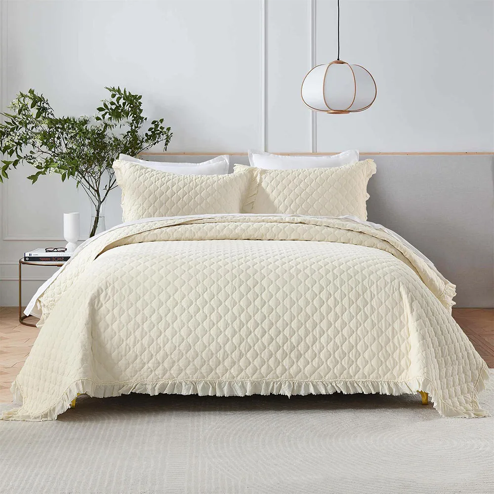 Enzyme Washing 3-Piece 100% Cotton Quilt Set | Super Soft Quilted Bedspread | All Season High- top Breathable Bedding Set Queen