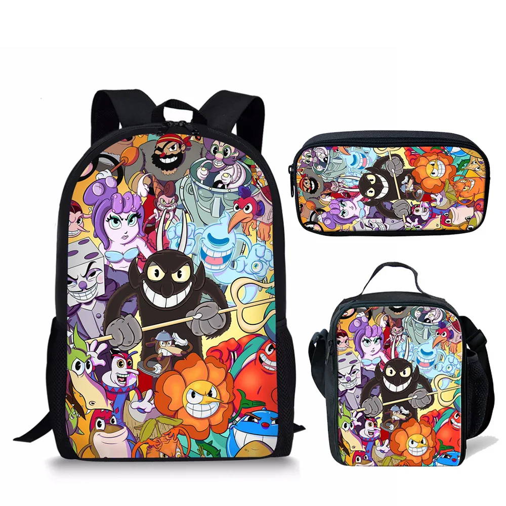 Desenhos animados Cuphead Padrão Mochilas Escolares, 3D Print, Pupil Mochila, Mochila Laptop, Lunch Bag, Lápis Case, Moda Clássica, 3pcs por conjunto