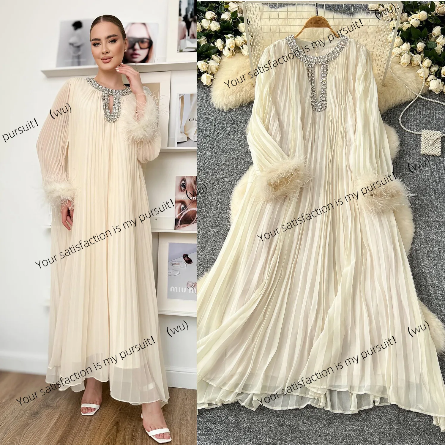 

ZOCI-Элегантное однотонное платье с круглым вырезом, инкрустированное бриллиантами, свободное пышное плиссированное длинное платье