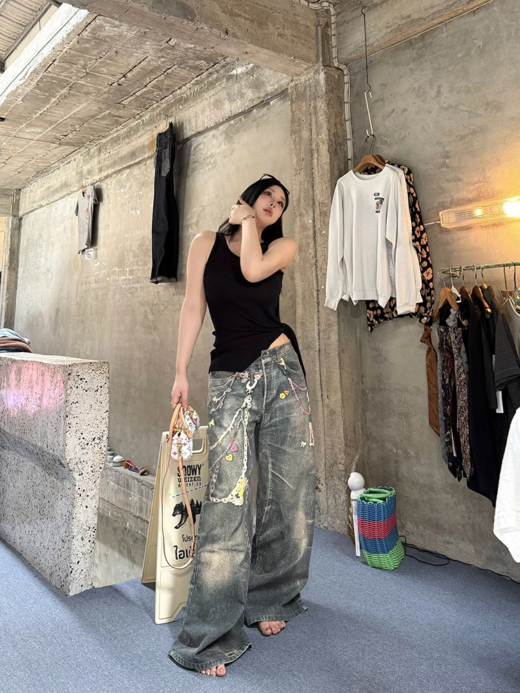 

Широкие джинсы Blazaixianqi для женщин, лето 2025, с принтом, утягивающие, больших размеров, повседневные, модные