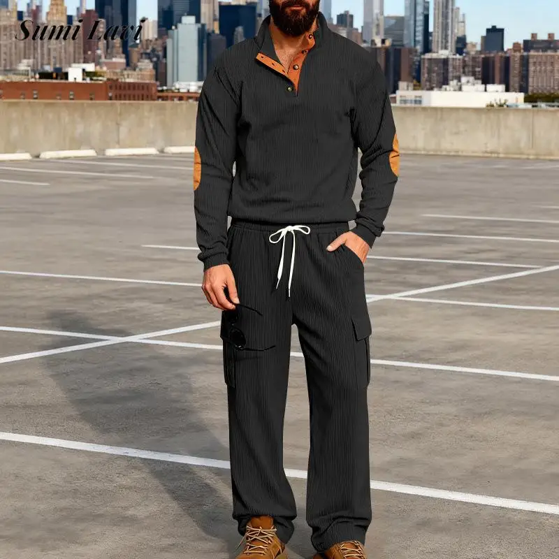 

Уличная одежда, весенне-осенние мужские вельветовые спортивные костюмы, повседневные пуловеры с длинными рукавами и брюки-карго, мужские винтажные комплекты из двух предметов