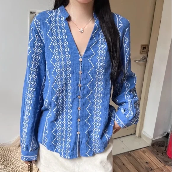 

Cotton Linen Ethnic Floral Pattern Embroidery Blouses Shirts For Women Vintage V Neck Long Sleeve Spring Autumn Blouse Tops Boho
