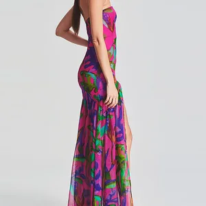 Feines weibliches Kleid ohne hohe Schlitzbänder für Röhre, Patchwork -Rückenlehne, tropischer Leopardendruck, langes Nachtkleid 6 Hauptverkaufskleid Long Hawaiian Party - №1