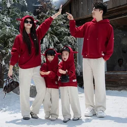Funny Family Red Hoodies Ear Winter Warm Parent-child Clothes Dad Mom Daughter Son Matching Thick Hooded Sweatshirts Pants Sets