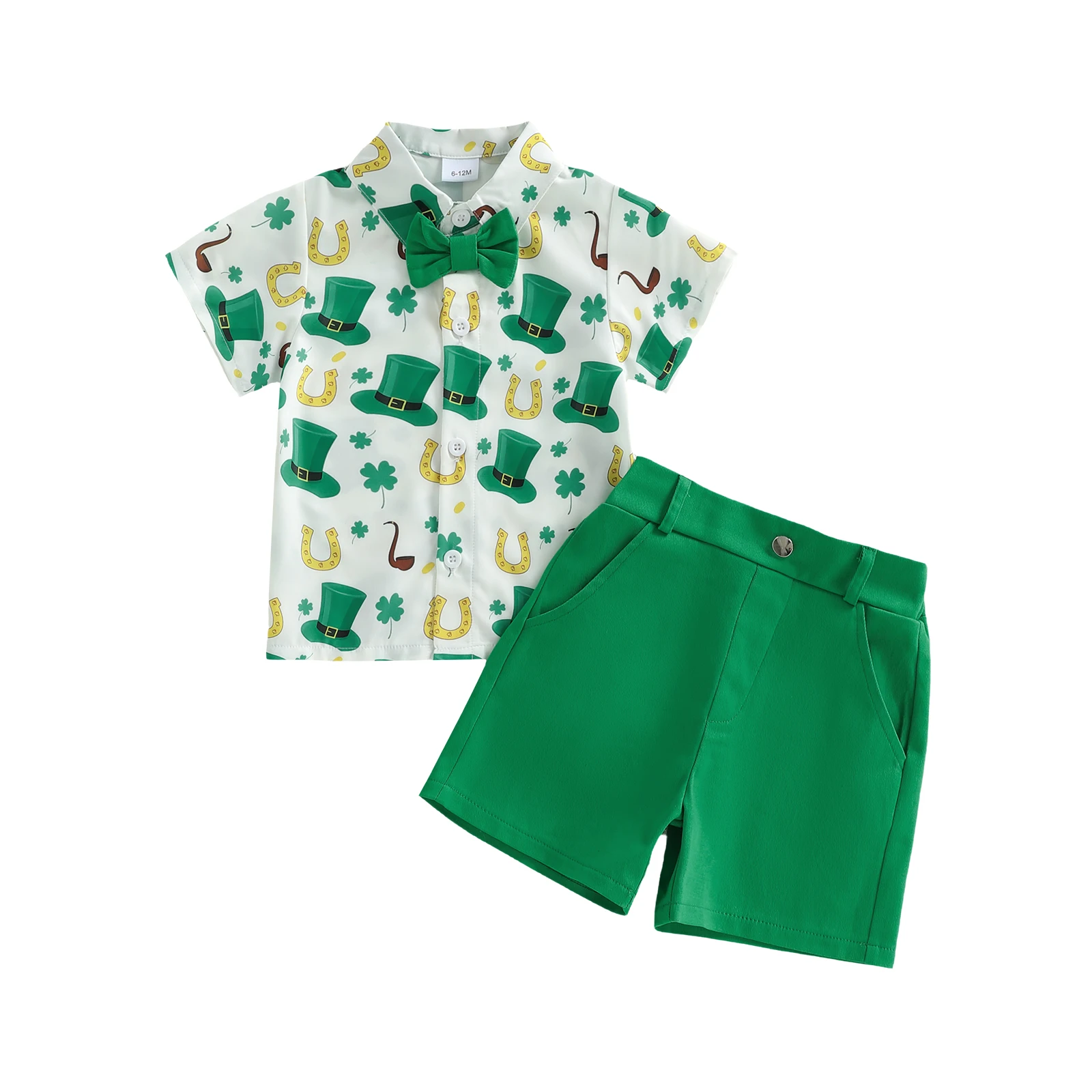 

Toddler Baby Boy Summer Outfit Clover Hat Horseshoe Print Button Down Short Sleeve Shirt and Shorts 2 Pcs Set