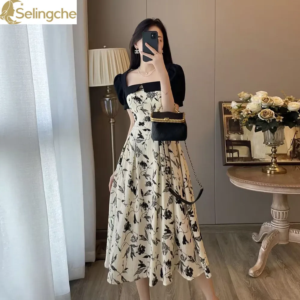 New Pure Desire French Lace Fresh High Waist Printed Dress Cute Over Knee Elegant Women's Age Reducing Dress