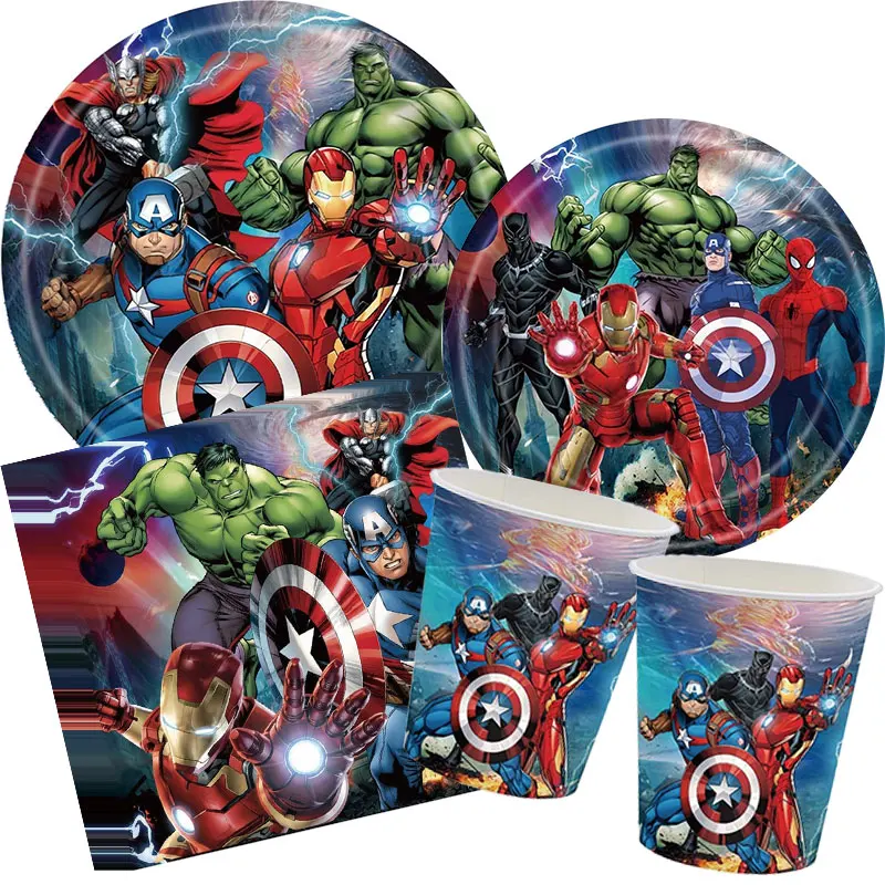 Ensemble de décoration d'anniversaire Happy Avengers, thème super-héros Marvel, gobelets, assiettes, ballons, bannière, sacs cadeaux, fournitures de fête pour enfants