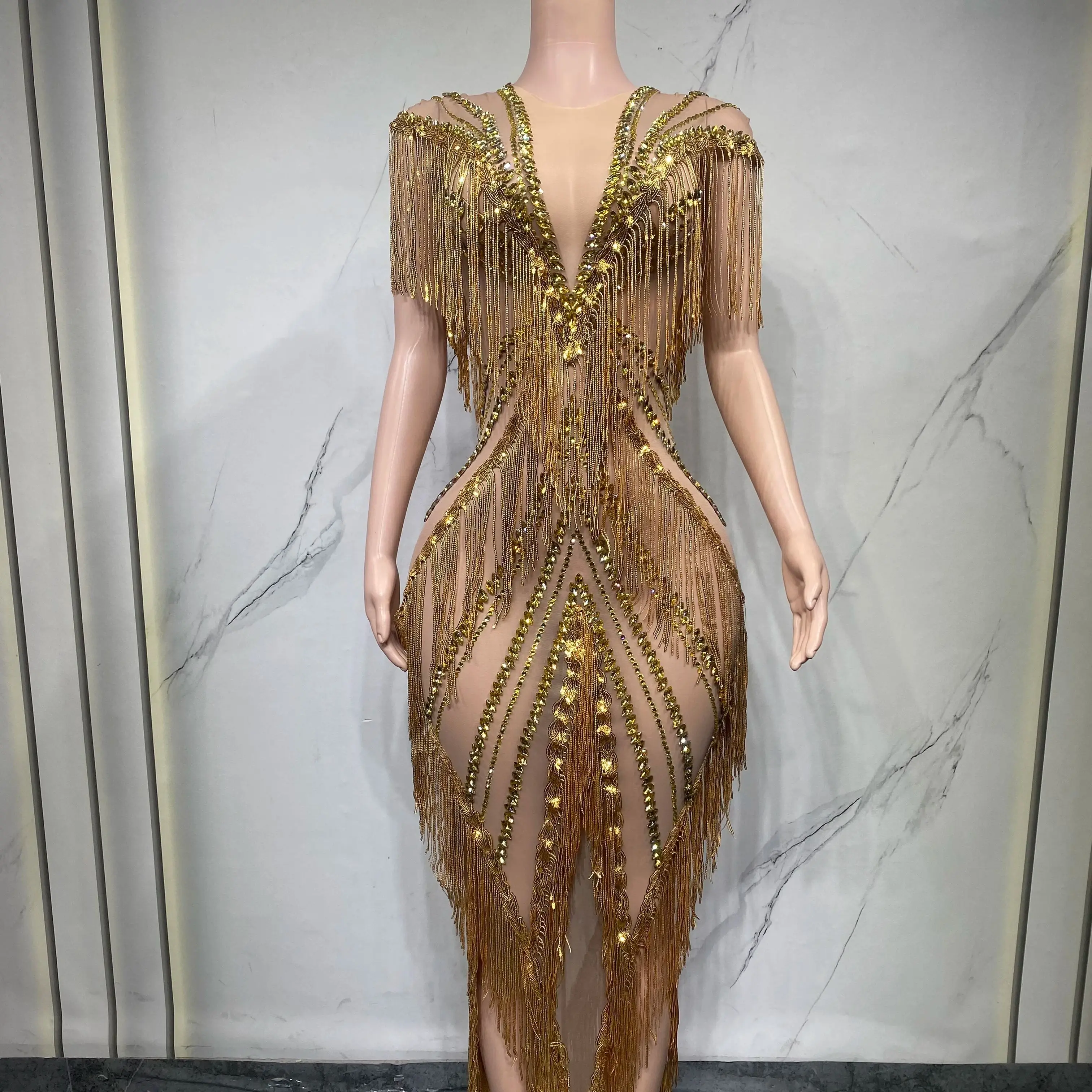 

Golden Tassel Long Dress Gown See-through Elastic Lace with Gold Diamonds Elegant Evening Gown for Women