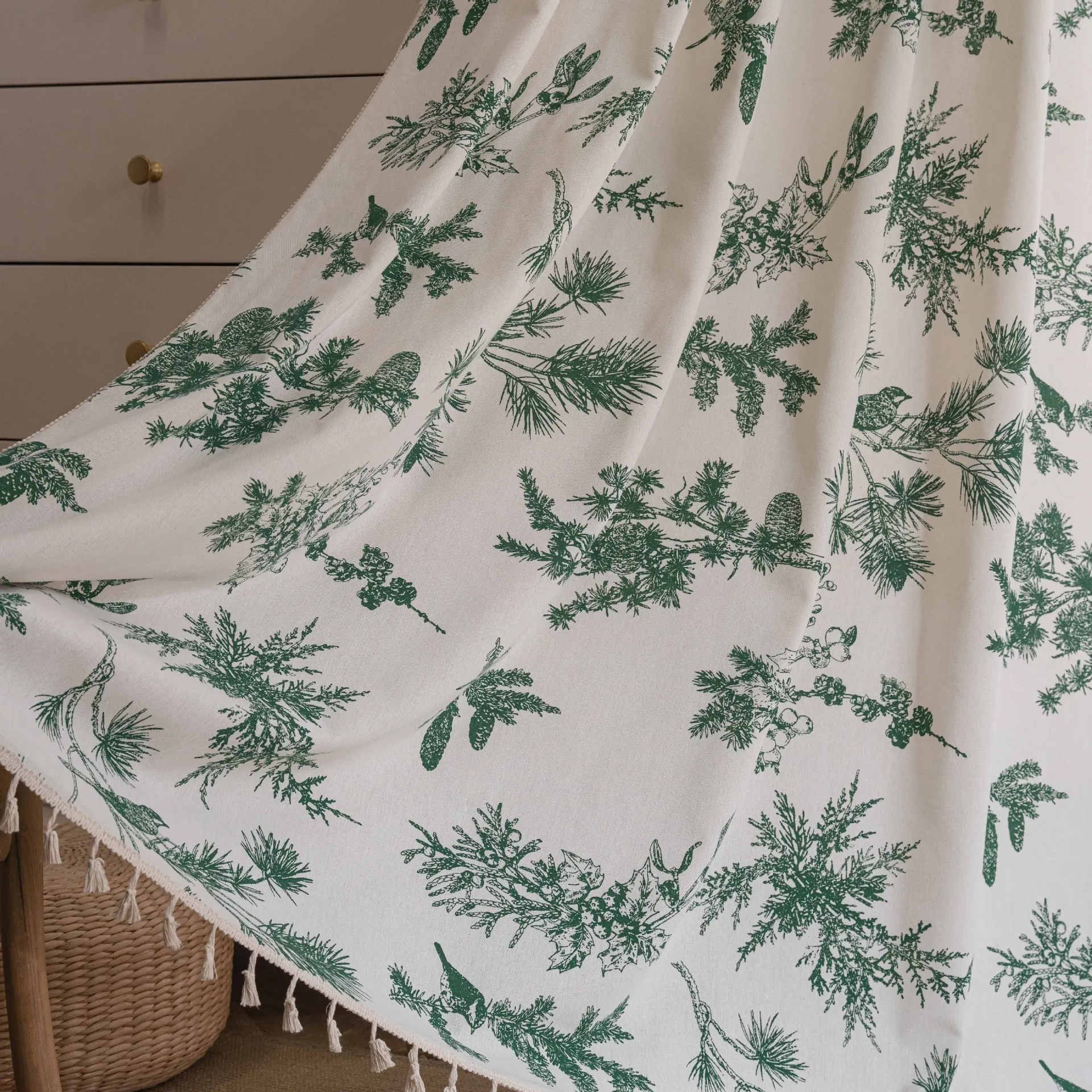 

Green Floral Farmhouse Curtains Living Room Semi-Blackout Drapes Cotton Linen Boho Window Curtain with Tassel Decor, Rod Pocket