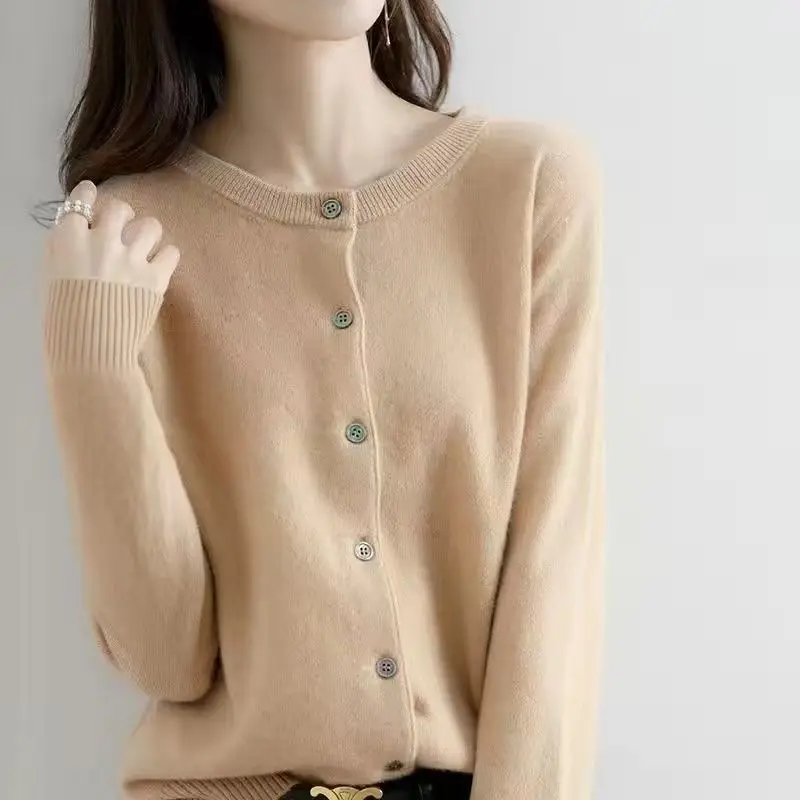 Simplicity Loose O-neck Sweater Women Autumn Solid Color Long Sleeve Knitwear Tops Office Lady All-match Knitting Cardigan Coat