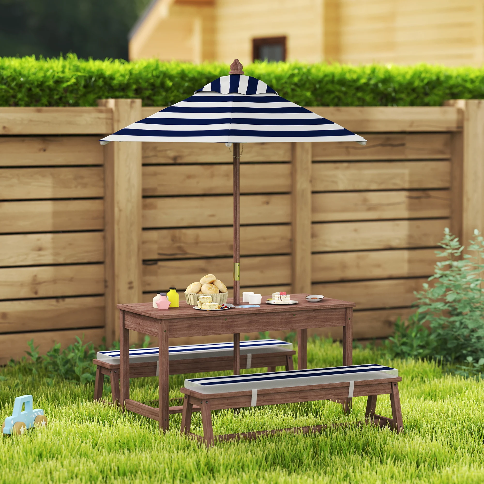 Kids Outdoor Bench With Umbrella - Outdoor Wooden Kids Picnic Table &