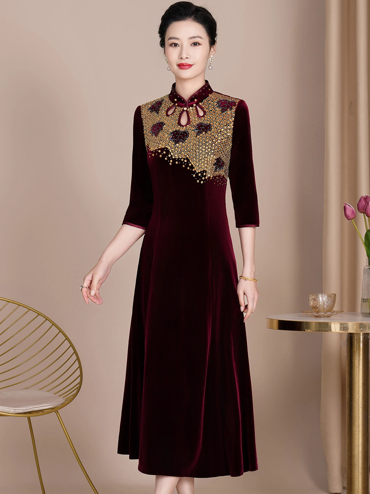 

Ele Velvet Qipao Wedding Dr Svel High Collar Long Skirt for Young Mothers High Class Women's Faionable Par D...