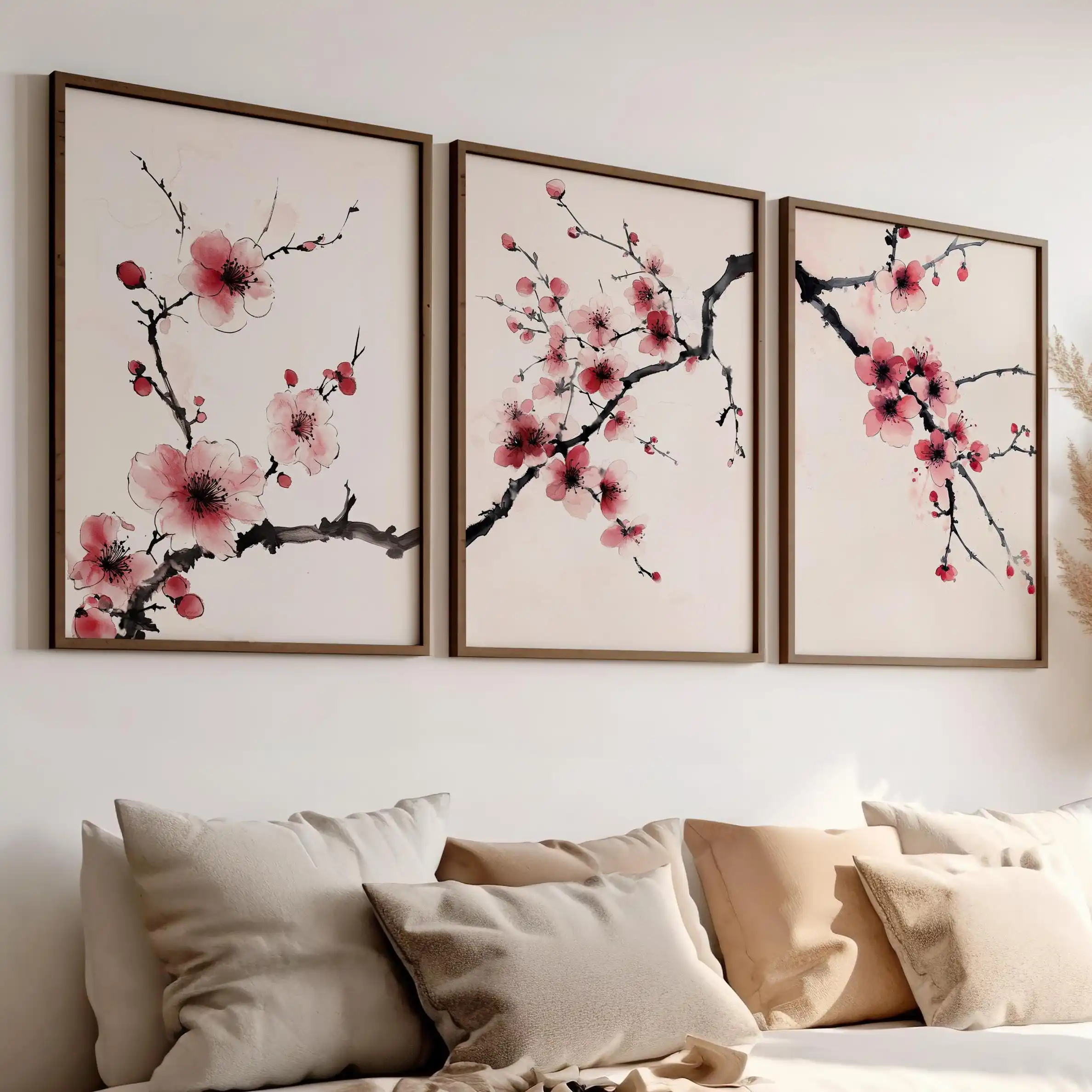 Cherry Blossom Branch Print Watercolor Art Set of 3 Poster or Canvas Print, Japanese Tree Branch Art,Pink Flower Sakura Tree Art